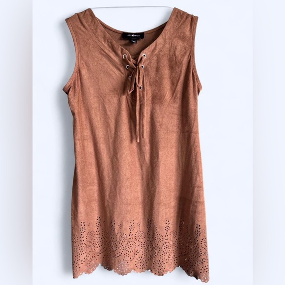 Amy Byer Brown Suede-Look Lace Hp Front Western Cowboy Boho Tank Top - Picture 1 of 7